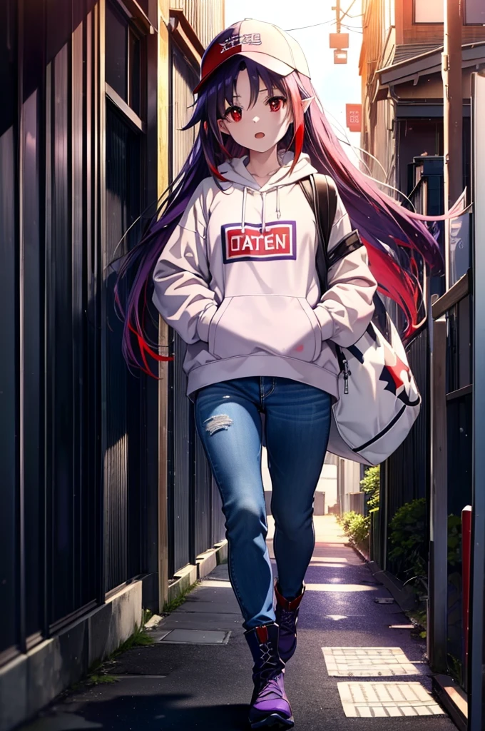 yuukikonno, Konno Yuuki, Long Hair, Pointed Ears, Purple Hair, (Red eyes:1.5), (Small breasts:1.2), Open your mouth,Baseball hats,Oversized purple hoodie,jeans,Thick hem,short boots,Walking,Graffiti wall,Daytime,Clear skies,Both hands are in the pockets of the hoodie、whole bodyがイラストに入るように,
break looking at viewer, whole body,
break outdoors, Alley,
break (masterpiece:1.2), Highest quality, High resolution, unity 8k wallpaper, (figure:0.8), (Beautiful attention to detail:1.6), Highly detailed face, Perfect lighting, Highly detailed CG, (Perfect hands, Perfect Anatomy),