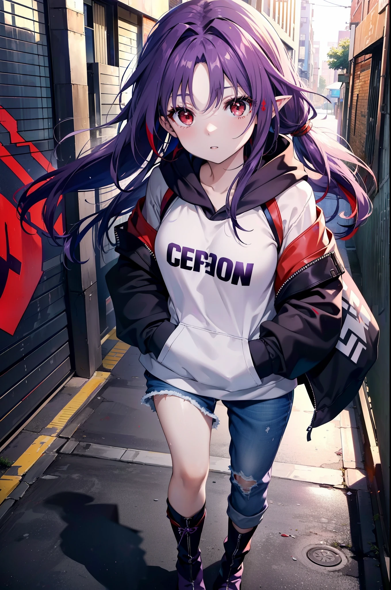 yuukikonno, Konno Yuuki, Long Hair, Pointed Ears, Purple Hair, (Red eyes:1.5), (Small breasts:1.2), Open your mouth,Baseball hats,Oversized purple hoodie,jeans,Thick hem,short boots,Walking,Graffiti wall,Daytime,Clear skies,Both hands are in the pockets of the hoodie、whole bodyがイラストに入るように,
break looking at viewer, whole body,
break outdoors, Alley,
break (masterpiece:1.2), Highest quality, High resolution, unity 8k wallpaper, (figure:0.8), (Beautiful attention to detail:1.6), Highly detailed face, Perfect lighting, Highly detailed CG, (Perfect hands, Perfect Anatomy),