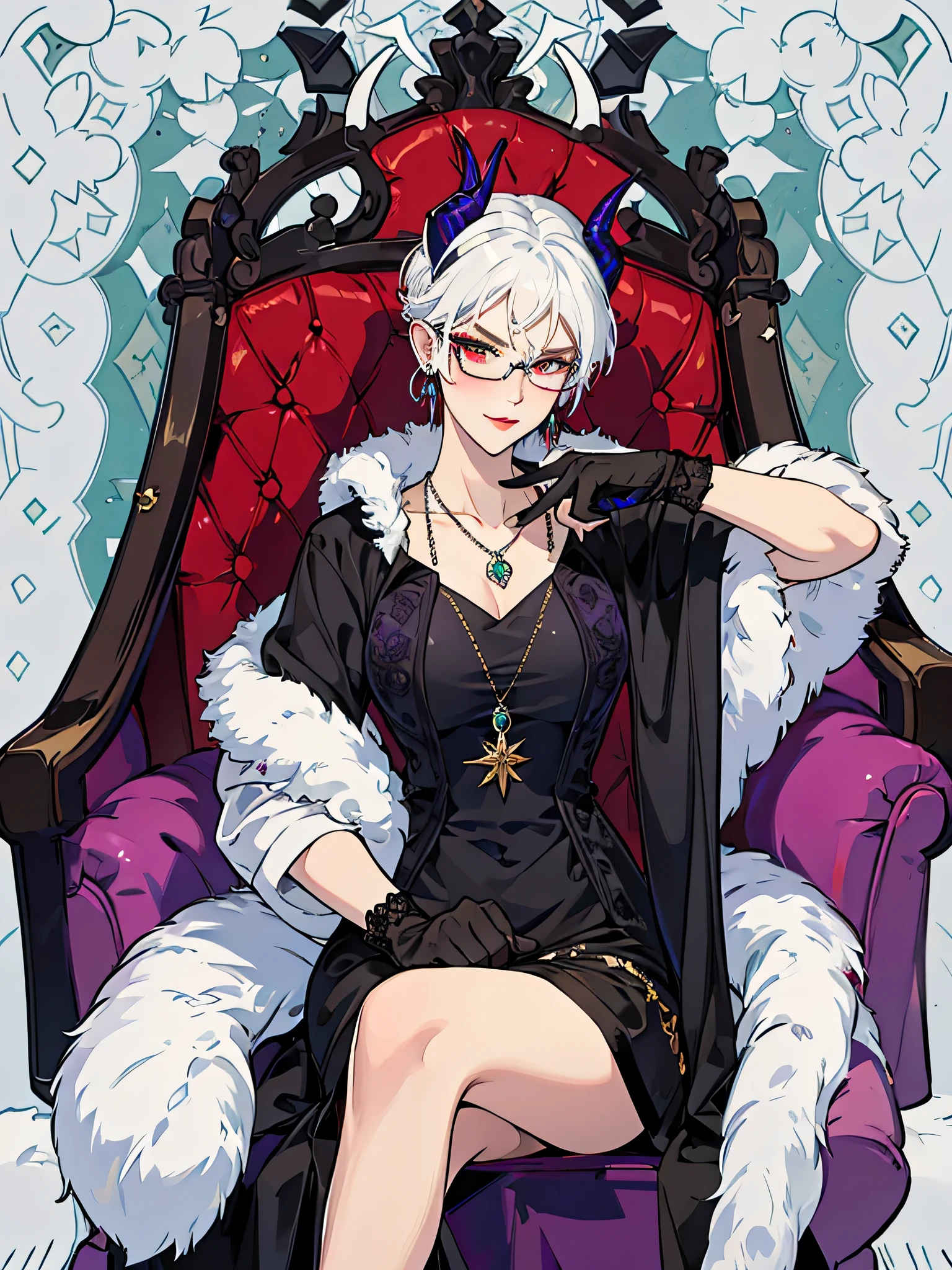 8k, masterpiece, best quality, highly detailed, 1 girl, tiefling, warlock, multicolored hair, very short straight hair green highlight hair on white hair, strippled hair, wearing glasses, round glasses, earrings, red eyeshadow, long eyelashes, navel piercing, blushed cheek, red lips, necklace, rings, collarbone, mole, glamorous, purple and teal clothing, villainy, smirk, seductive face, close up view, rings, looking at viewer, demon horns, solo, royal dress, black lace gloves, fur coat, palace, blue pale moon, sitting on throne