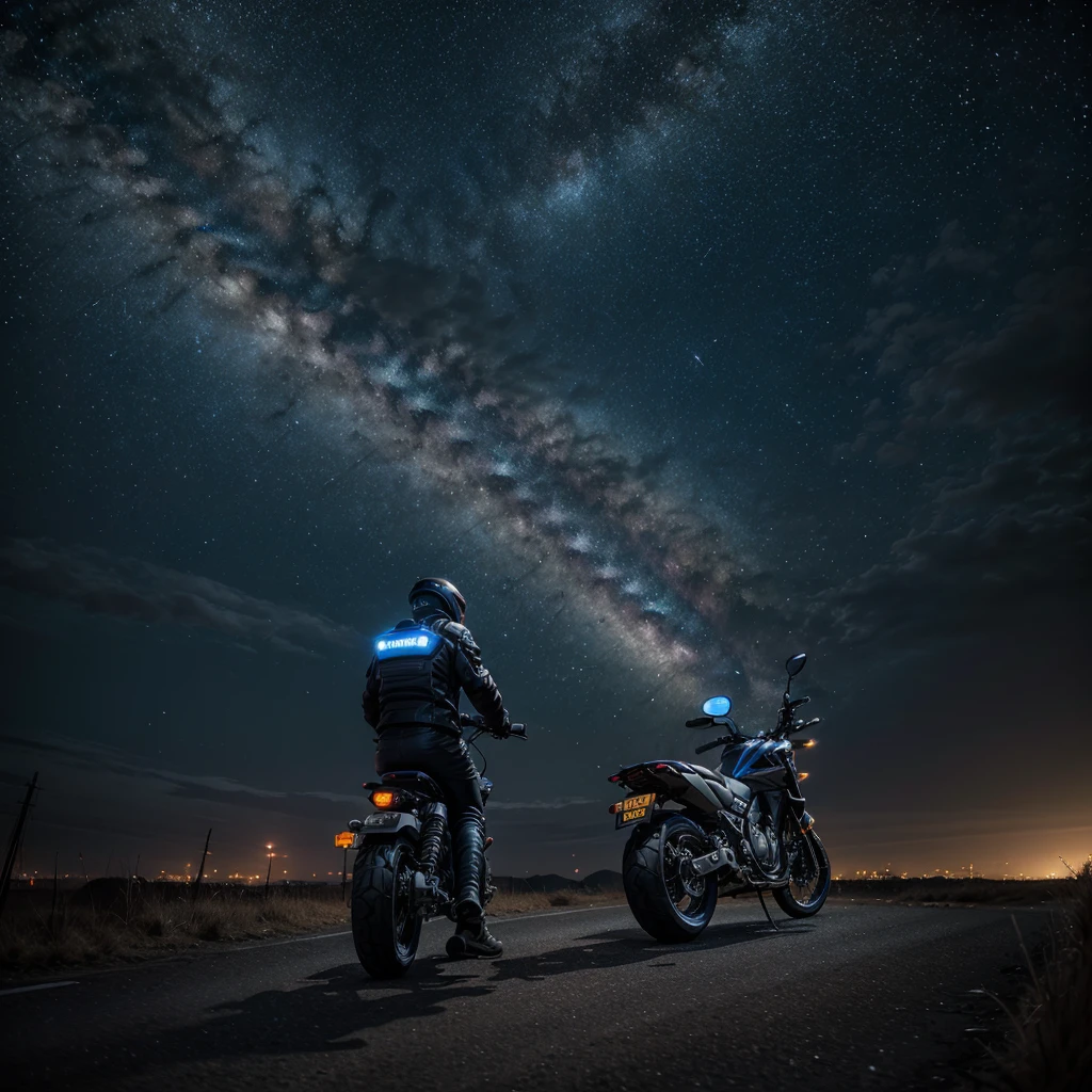 masterpiece quality, Apocalyptic night scene, sky with stars planets and the milky way, man in futuristic biker clothes riding a Yamaha Lander 250 motorcycle