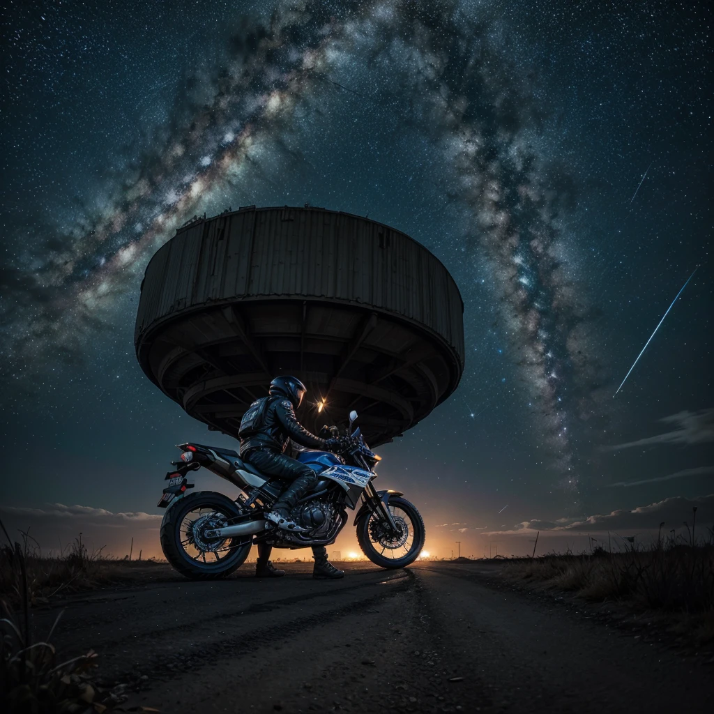 masterpiece quality, Apocalyptic night scene, sky with stars planets and the milky way, man in futuristic biker clothes riding a Yamaha Lander 250 motorcycle