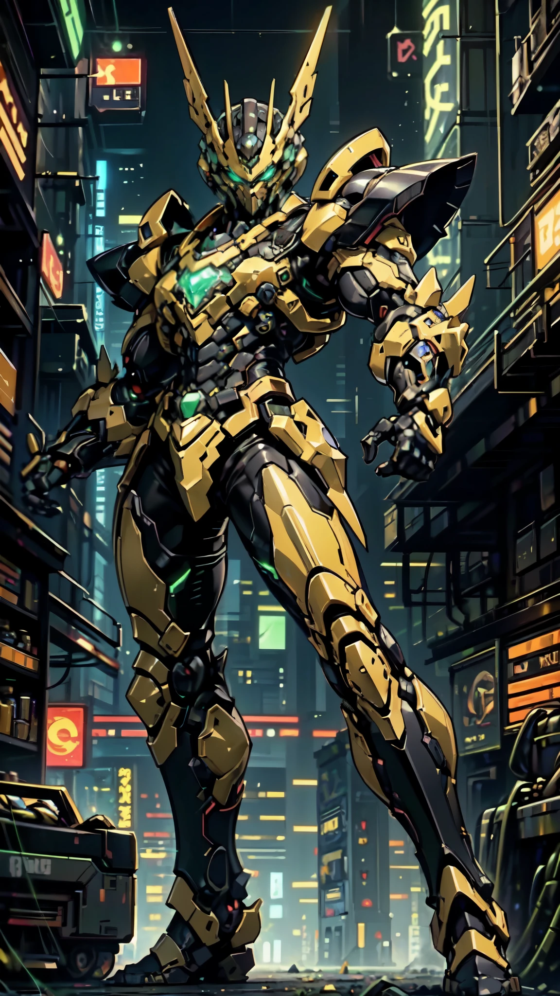 (masterpiece:1.5, best quality:1.5, extremely delicate:1.5, perspective:1.5, foreshortening:1.5, dynamic angle:1.5), a man wearing a full-face helmet, a fantasy-style biotech armored combat suit, green eyes, (a composite layered chest armor), fully enclosed shoulder guards, matching arm and leg guards, the belt is adorned with neon circuitry, (the color scheme is primarily black glow with green and red accents), the design balances heavy with agility, a high-tech bio-mecha armor, (Armor Concept Inspired by neon Cyberpunk, stand on the top of a skyscraper in a futuristic sci-fi city), this character embodies a finely crafted fantasy-surreal style armored hero in anime style, exquisite and mature manga art style, (battle damage, element, plasma, energy, the armor glows), ((male:1.5)), metallic, high definition, highres, ultra-detailed, ultra-fine painting, professional, perfect body proportions, golden ratio, anatomically correct, symmetrical face, extremely detailed eyes and face, high quality eyes, creativity, RAW photo, UHD, 32k, Natural light, cinematic lighting, masterpiece-anatomy-perfect