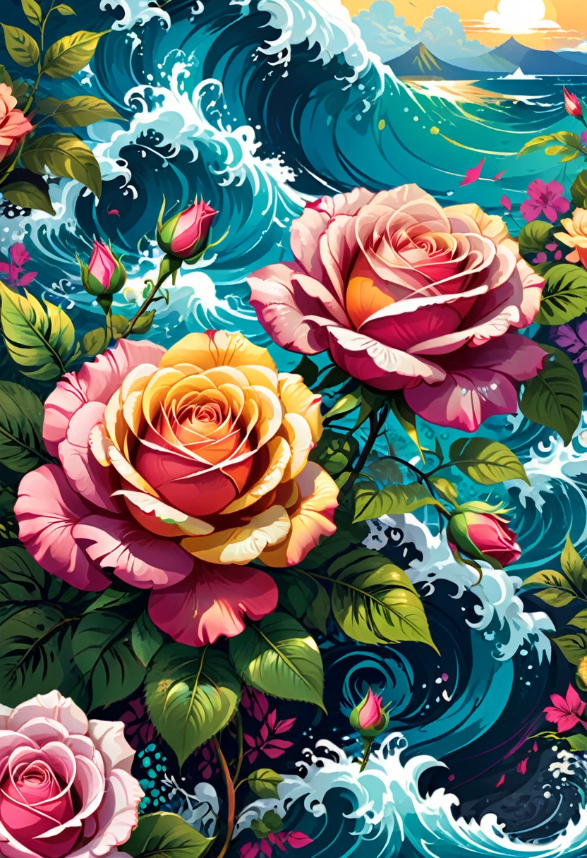 vectorial art, Colorful illustration with roses, At the center, swirly vibrant colors, high détail,Hawaii Background
(work of art, best qualityer, proffesional, perfect composition, very aesthetic, absurdrez, super verbose, details Intricate:1.3)