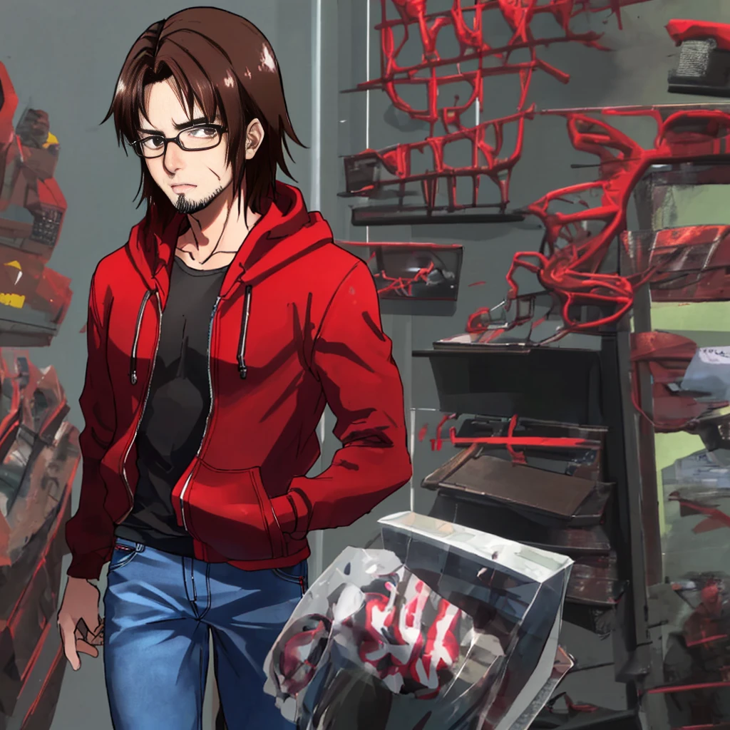 Male with dark brown hair and a stubble, wearing a red hoddie and jeans, wearing glasses.