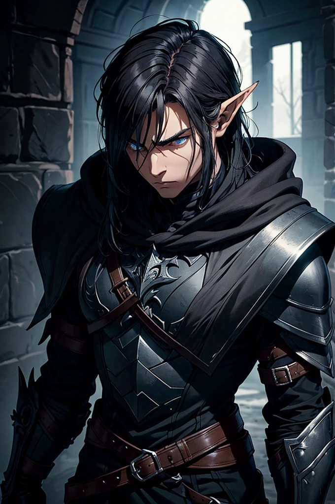 This image features a dark and mysterious character, an elf warrior. He has short, dark hair and sharp, pointed ears, indicating his elven heritage. His attire consists of dark, rugged armor with layered plates and leather straps, giving him a stealthy yet robust appearance. The armor is adorned with fur and a white scarf, adding a contrasting element to the predominantly dark color scheme. His intense gaze and serious expression reflect his readiness for battle and a hint of a mysterious past.