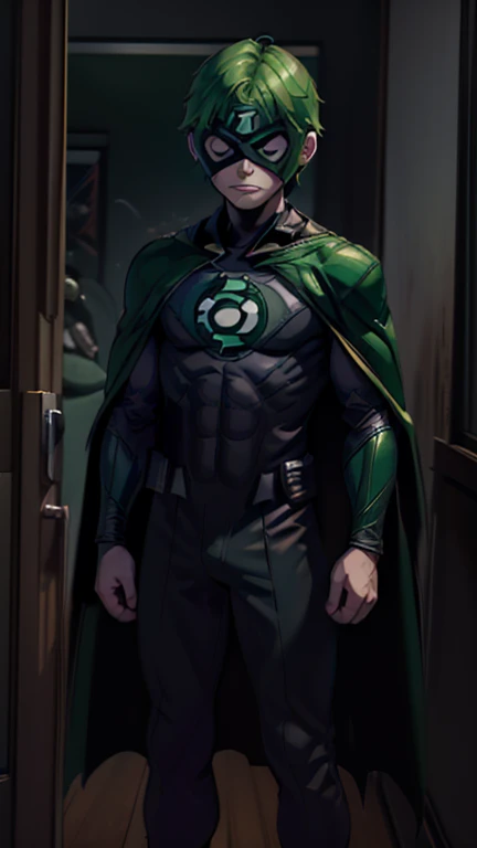 best quality,masterpiece,1boy,solo,(((15years old))),japanese boy,an extremely cute and handsome boy,highly detailed beautiful face and eyes,petit,cute face,lovely face,baby face,shy smile,show teeth,Blonde hair,Short hair,flat chest,skinny,slender,(((wearing a Alan Scott Green Lantern costume,black cape,black dominomask))),(((standing in reelunsettling dark indoors room))),he is looking at the viewer,