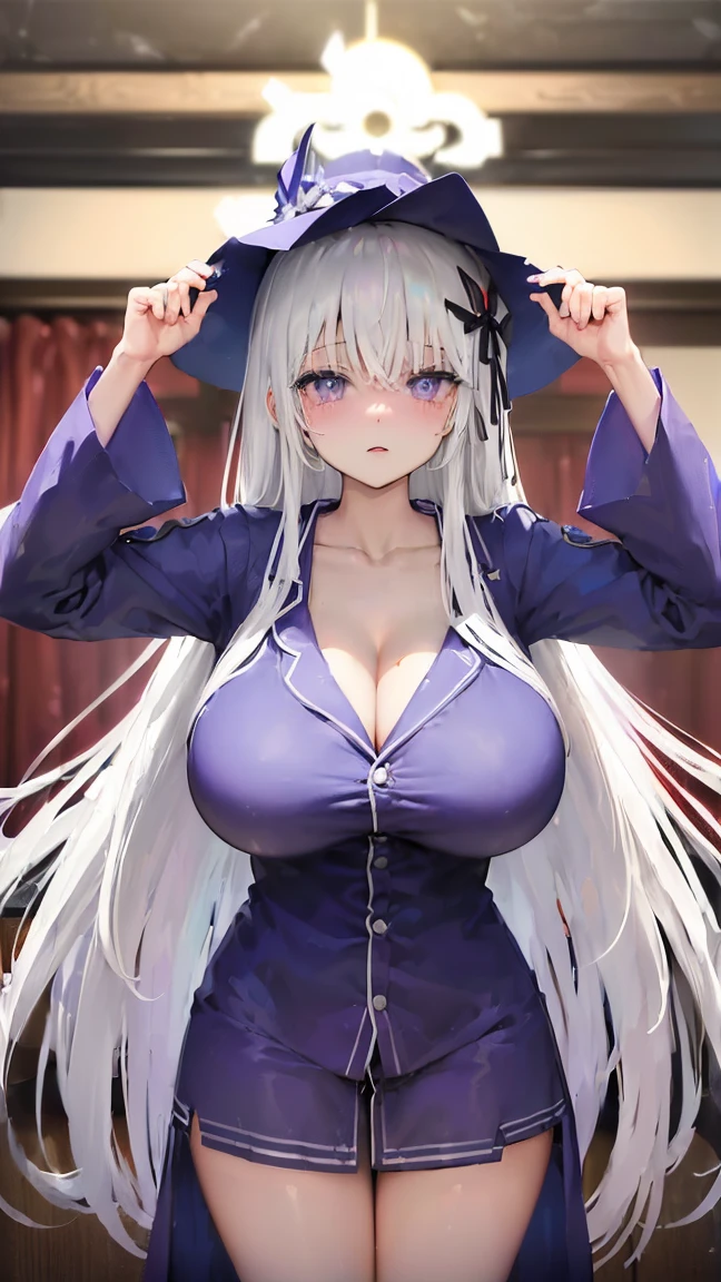(((Itsuka Shido(date a live))),((gender bender,white hair,dark purple_eyes,cowboy shot,long straight hair)),((pajamas,gigantic breasts swelling,huge stature))