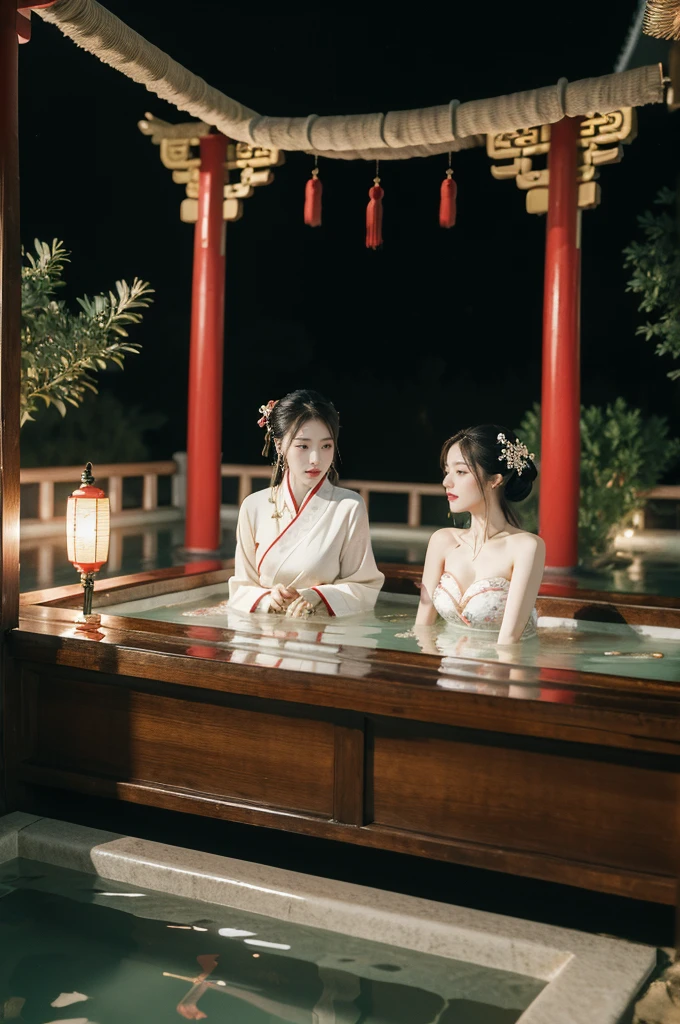 (((best quality))),(((ultra detailed))),(((masterpiece))),illustration,1girl,traditional Chinese dress,courtyard,surrounded by crowded crowds of old men,outdoor hot spring,delicate fabric,traditional hair style,innocent curiosity,vibrant red pillars,beams,pebbled path,sweet fragrance of flowers,Open-air hot spring,traditional bath towel,therapeutic steam,mystical aura,joy and camaraderie,snapshot of traditional Chinese lifestyle,age and gender blur,shared experience,relaxation and rejuvenation,essence of harmony and balance,deeply ingrained culture,night scene