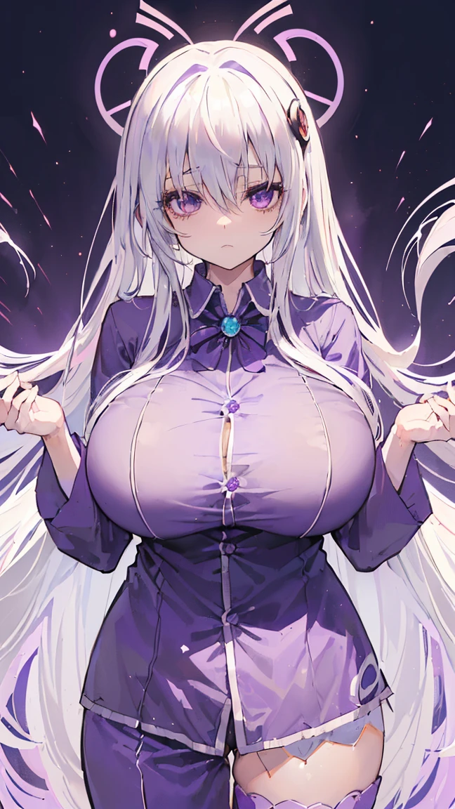 (((Itsuka Shido(date a live))),((gender bender,white hair,dark purple_eyes,cowboy shot,long straight hair)),((pajamas,gigantic breasts swelling,huge stature))