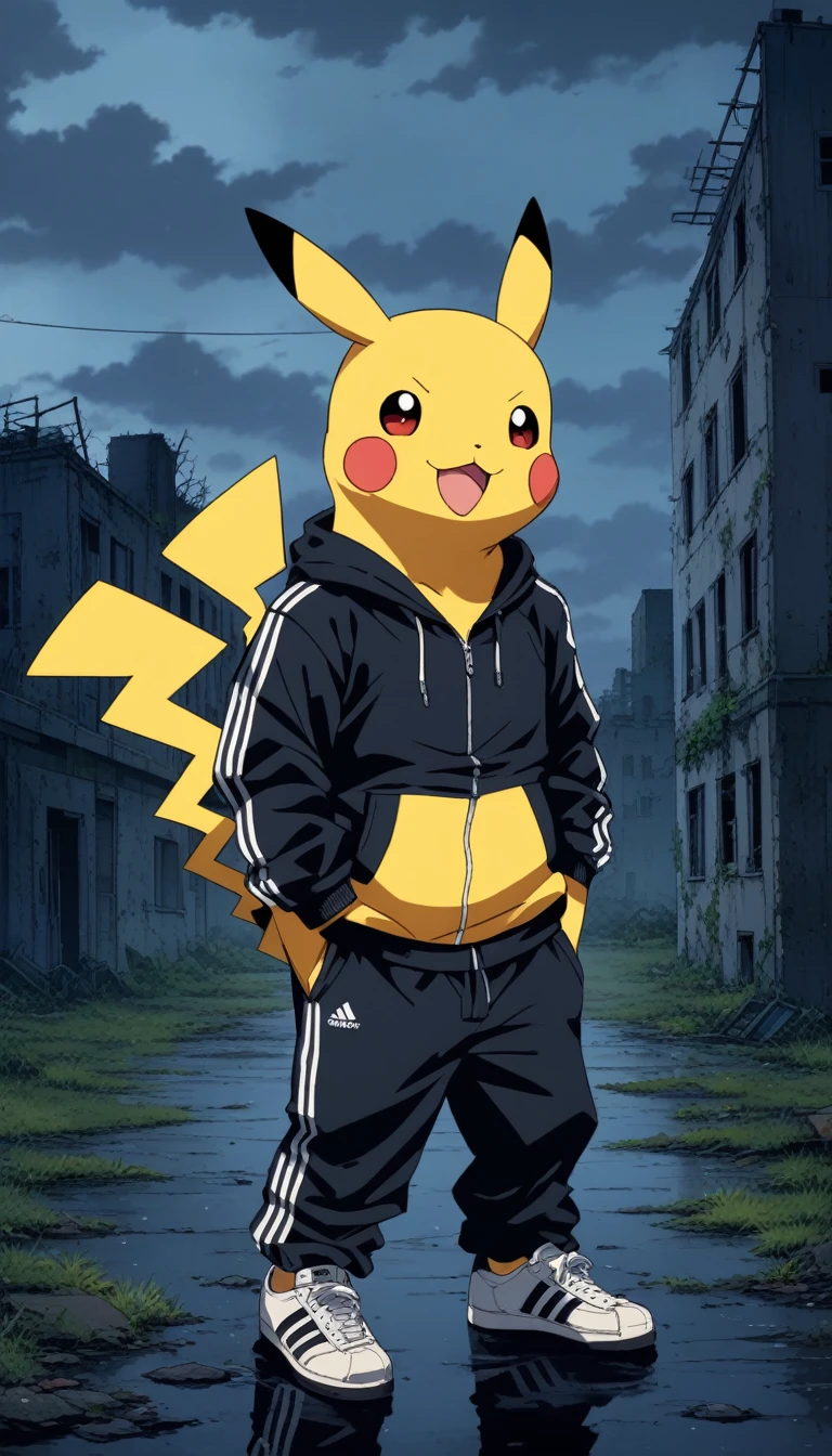 90s anime style, alone, Drunk (Muscle Pikachu) Wearing a black Adidas tracksuit, A bottle of Smirnoff vodka next to Pikachu, In the background is an abandoned, abandoned building, Gloomy atmosphere, Cinematic, Detailed body, Fine grain, 8K, Highest quality, Full Sharp, Very detailed, Skin pores, Natural skin texture, Superior quality、whole body、From head to toe