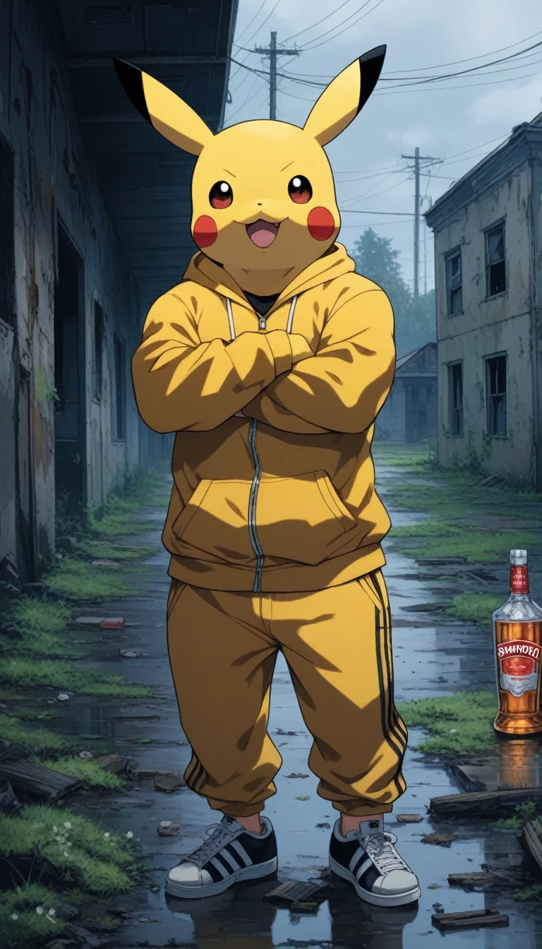90s anime style, alone, Drunk (Muscle Pikachu) Wearing a black Adidas tracksuit, A bottle of Smirnoff vodka next to Pikachu, In the background is an abandoned, abandoned building, Gloomy atmosphere, Cinematic, Detailed body, Fine grain, 8K, Highest quality, Full Sharp, Very detailed, Skin pores, Natural skin texture, Superior quality、whole body、From head to toe