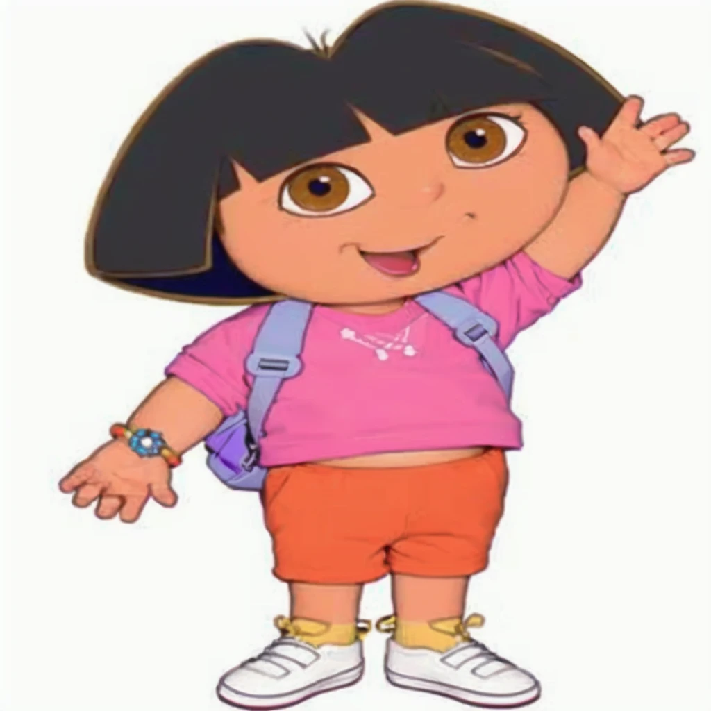 girl with pink shirt, orange shorts, purple backpack, bracelet on right hand, white shoes with yellow socks, waving her left hand