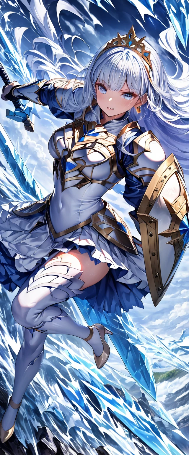 (Perfect Anatomy)、Mastepiece、Ultra High Quality、 8K、masterpiece、Highest quality、Ultra-high resolution、Maximum resolution、Very detailed、Professional Lighting、anime、woman、thin、so beautiful、Highly detailed eye、Highly detailed face、Blue and white armor, , Golden decorated luxury tiara,Golden earrings,Frilly Armor,Light blue hair, blue eyes,White underwear、Gloss Lip、Pink Lips、grassland, full body, dynamic angle, dynamic pose, Heroic pose, pillars of ice, (((long sword))), (((shield))), Defending with water magic, Making eyes glow, flying attack, Swinging down a sword, goddess armor, high heels, floating hair, (Monsters attack:1.8)