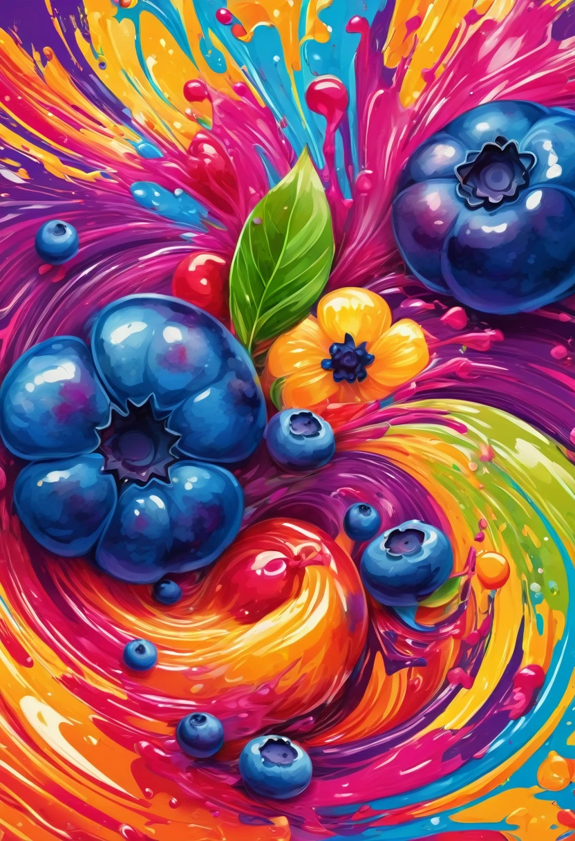 vectorial art, With many colorful blueberry illustrations, At the center, swirly vibrant colors, paint splashes and smears, high détail,Hawaiian style background