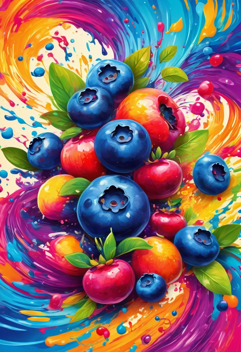 vectorial art, With many colorful blueberry illustrations, At the center, swirly vibrant colors, paint splashes and smears, high détail,Hawaiian style background
