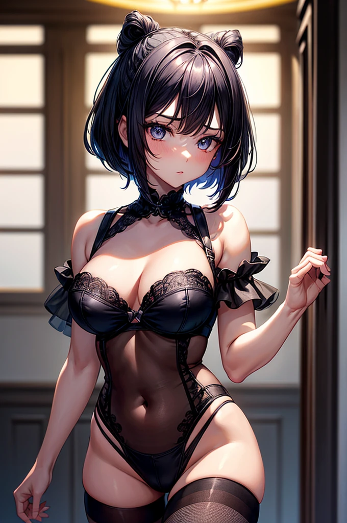 masterpiece, highly detailed, highest quality, high resolution, super precise, (1 girl), plain crop Tee-shirt with heart shaped boob window, plain sheer colored waist high pantyhose,, flawless skin, inky black dark violet hair, pixie cut hairstyle, sharp facial features, young 16 year old ager, sharp facial features, high bridged nose, medium height(178cm), cowboy shot, slender and slim body with ample curves, velvet colored eyes, (no lingerie), (no panties)