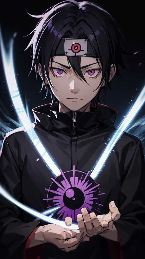 bioluminescent Masashi Kishimoto Manga style portrait of obito uchiha with sharingan and Rinningan, 1 eye red sharingan, other eye purple Rinningan, exquisite detail especially in the eyes.