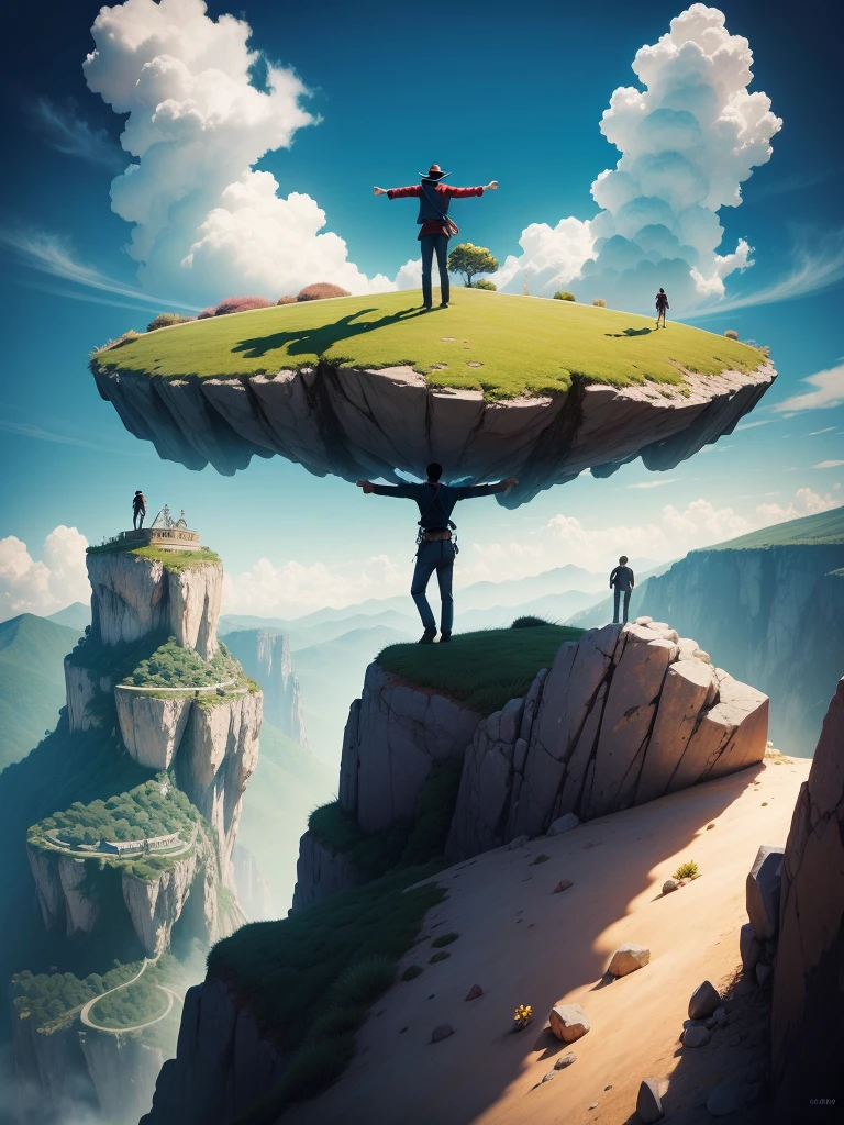 mundo surrealista, Man on his back in victorious position, With open arms, on top of a steep mountain with a beautiful landscape below, sol ao fundo, Sunny scenery, Dramaticity in composition.