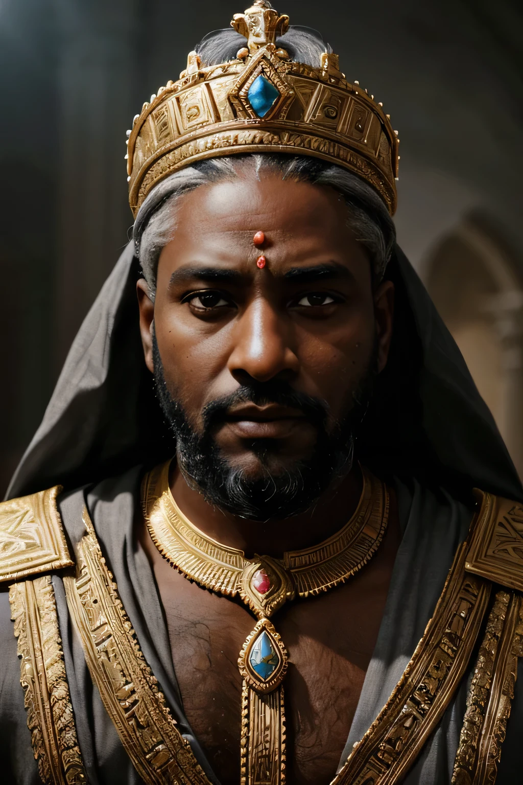 a dark-skinned man, gray hair and beard, crowned like an ancient Egyptian prince, facing the camera, detailed facial features, intricate crown, ornate jewelry, regal expression, dramatic lighting, cinematic, photorealistic, 8k, high quality, cinematic lighting, vivid colors, dramatic shadows