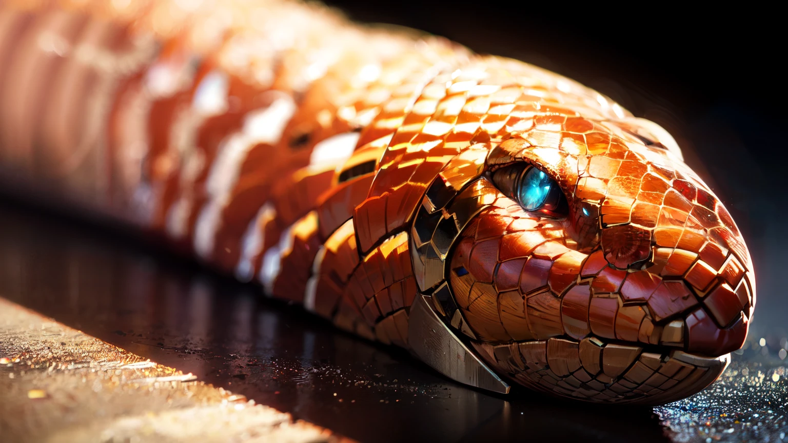 SCP-4265 - Filmographer Snake, from SCP lore, SCP-4265 is an instance of the species Pantherophis guttatus (Corn Snake) that is estimated to be  at time of retrieval, SCP-4265 is abnormally long, measuring 4 metres in length; when it sheds its skin, The shed skin resembles a 35mm film strip and is compatible with any system designed to operate such; the film contains a silent movie with english subtitles,  accurately portrayed, elegant, highly detailed, digital painting, artstation, concept art, matte, sharp focus, illustration, dramatic lighting, art by Artgerm and Greg Rutkowski and Alphonse Mucha +precise +laser sharp +octane render +8k +ultra realistic +full HD +Ray Tracing Reflections, symetric +golden rastio, uplight +hyper-realistic