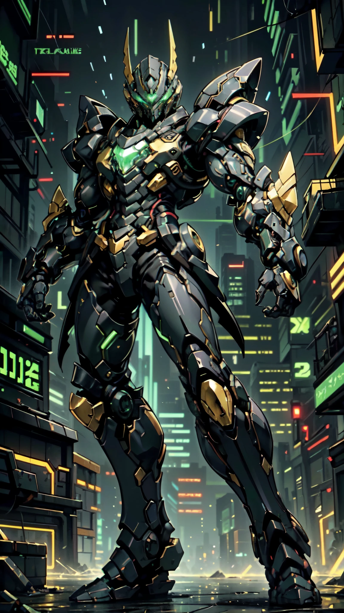 (masterpiece:1.5, best quality:1.5, extremely delicate:1.5, perspective:1.5, foreshortening:1.5, dynamic angle:1.5), a man wearing a full-face helmet, a fantasy-style biotech armored combat suit, green eyes, (a composite layered chest armor), fully enclosed shoulder guards, matching arm and leg guards, the belt is adorned with neon circuitry, (the color scheme is primarily black glow with green and red accents), the design balances heavy with agility, a high-tech bio-mecha armor, (Armor Concept Inspired by neon Cyberpunk, stand on the top of a skyscraper in a futuristic sci-fi city), this character embodies a finely crafted fantasy-surreal style armored hero in anime style, exquisite and mature manga art style, (battle damage, element, plasma, energy, the armor glows), ((male:1.5)), metallic, high definition, highres, ultra-detailed, ultra-fine painting, professional, perfect body proportions, golden ratio, anatomically correct, symmetrical face, extremely detailed eyes and face, high quality eyes, creativity, RAW photo, UHD, 32k, Natural light, cinematic lighting, masterpiece-anatomy-perfect