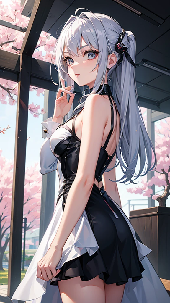 That the girl has silver hair and that she has a futuristic style in her clothes with a background of a square with cherry trees 