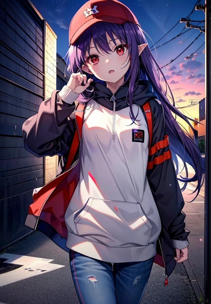 yuukikonno, Konno Yuuki, Long Hair, Pointed Ears, Purple Hair, (Red eyes:1.5), (Small breasts:1.2), Open your mouth,Baseball hats,Oversized purple hoodie,jeans,Thick hem,sneakers,Walking,Graffiti wall,Daytime,Clear skies,Both hands are in the pockets of the hoodie、whole bodyがイラストに入るように,
break looking at viewer, whole body,
break outdoors, Alley,
break (masterpiece:1.2), Highest quality, High resolution, unity 8k wallpaper, (figure:0.8), (Beautiful attention to detail:1.6), Highly detailed face, Perfect lighting, Highly detailed CG, (Perfect hands, Perfect Anatomy),