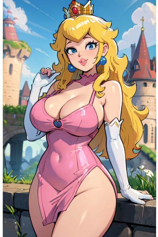 1girl, masterpiece, best_quality:0.5, highres, 4K image, (incredible_details:0.7), absurdes, ((cowboy_angle_shot:0.4)), princess peach, crown, blonde hair, earnings, beautiful queen, sexy looking, large blue eyes, thick lips, sexy smile, wavy blonde hair, (tight minidress, pink, cleavage), big breasts, colossal cleavage, perfect body, ((long gloves)), ((magical mushrooms field scenery, castle))