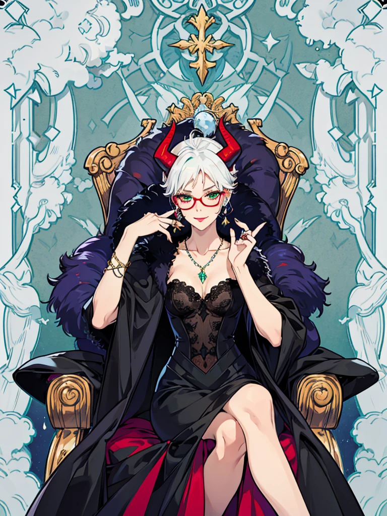 8k, masterpiece, best quality, highly detailed, 1 girl, tiefling, warlock, multicolored hair, very short straight hair green highlight hair on white hair, strippled hair, wearing glasses, round glasses, earrings, red eyeshadow, long eyelashes, navel piercing, blushed cheek, red lips, necklace, rings, collarbone, mole, glamorous, purple and teal clothing, villainy, smirk, seductive face, close up view, rings, looking at viewer, demon horns, solo, royal dress, black lace gloves, fur coat, palace, blue pale moon, sitting on throne, queen of diamand.