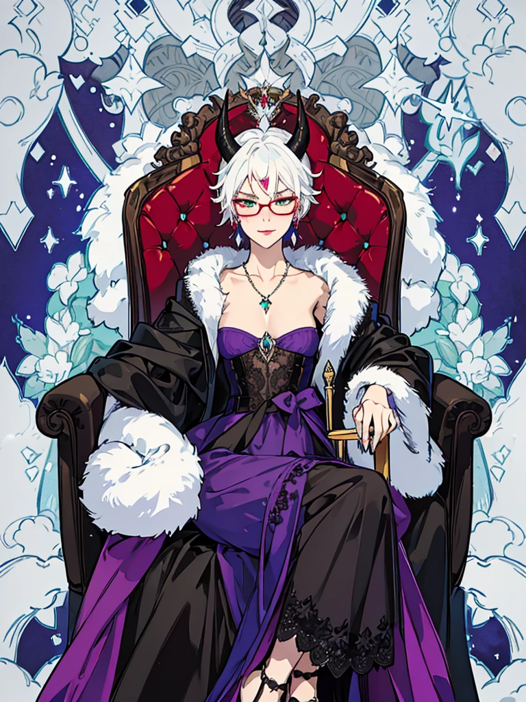8k, masterpiece, best quality, highly detailed, 1 girl, tiefling, warlock, multicolored hair, very short straight hair green highlight hair on white hair, strippled hair, wearing glasses, round glasses, earrings, red eyeshadow, long eyelashes, navel piercing, blushed cheek, red lips, necklace, rings, collarbone, mole, glamorous, purple and teal clothing, villainy, smirk, seductive face, close up view, rings, looking at viewer, demon horns, solo, royal dress, black lace gloves, fur coat, palace, blue pale moon, sitting on throne, queen of diamand.