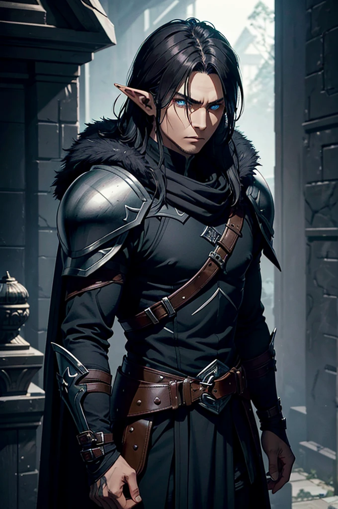 This image features a dark and mysterious character, an elf warrior. He has short, dark hair and sharp, pointed ears, indicating his elven heritage. His attire consists of dark, rugged armor with layered plates and leather straps, giving him a stealthy yet robust appearance. The armor is adorned with fur and a white scarf, adding a contrasting element to the predominantly dark color scheme. His intense gaze and serious expression reflect his readiness for battle and a hint of a mysterious past.