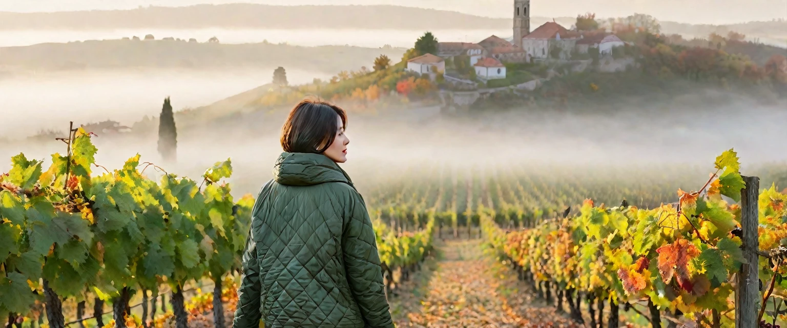 8k best picture quality, Beautiful 36-year-old Korean woman, Chest size 34 inches, The cathedral can be seen through the early morning fog past the vineyards in the Croatian countryside., The back background is realistic and vivid image quality, short and medium hair, Wearing a fall parka and casual pants,Perfect and realistic photos, The background is realistic. Full body shot with Canon camera 16-35 wide angle lens, expressionless, Standing on a vineyard hill covered in thick fog