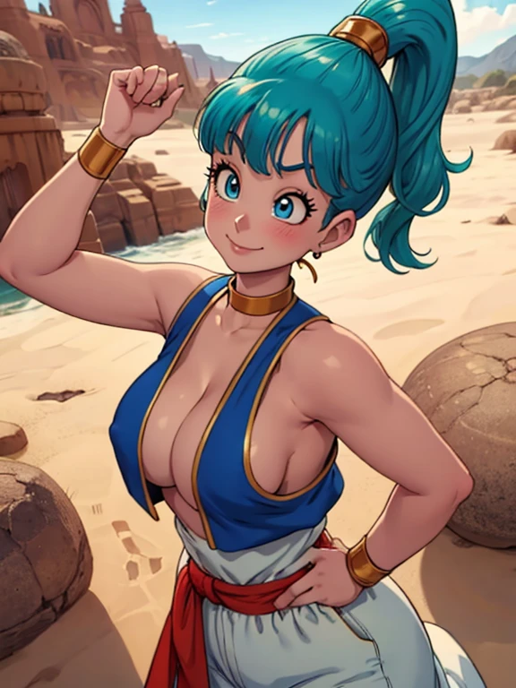 1girl, masterpiece, best_quality:0.5, highres, 4K image, (incredible_details:0.7), absurdes, ((cowboy_angle_shot:0.4)), sharpen image, bulma, 1girl, solo, blue eyes, blue hair, aqua hair, bangs, hair, high ponytail, earrings, lovely smile, blushing, arabian clothes, ((perfect tits in topless, saggy tits)), large areolas, blue vest, white pants, baggy pants, red sash, bare shoulders, sleeveless, yellow choker, wristband, neck ring, perfect , perfect body, shining skin, warm sunnyday, outdoors, desert scenery