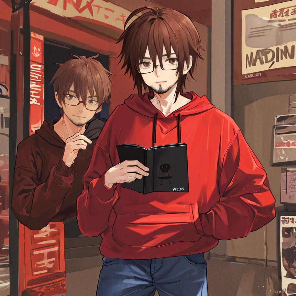 Male with dark brown hair and a stubble, wearing a red hoddie and jeans, wearing glasses.
