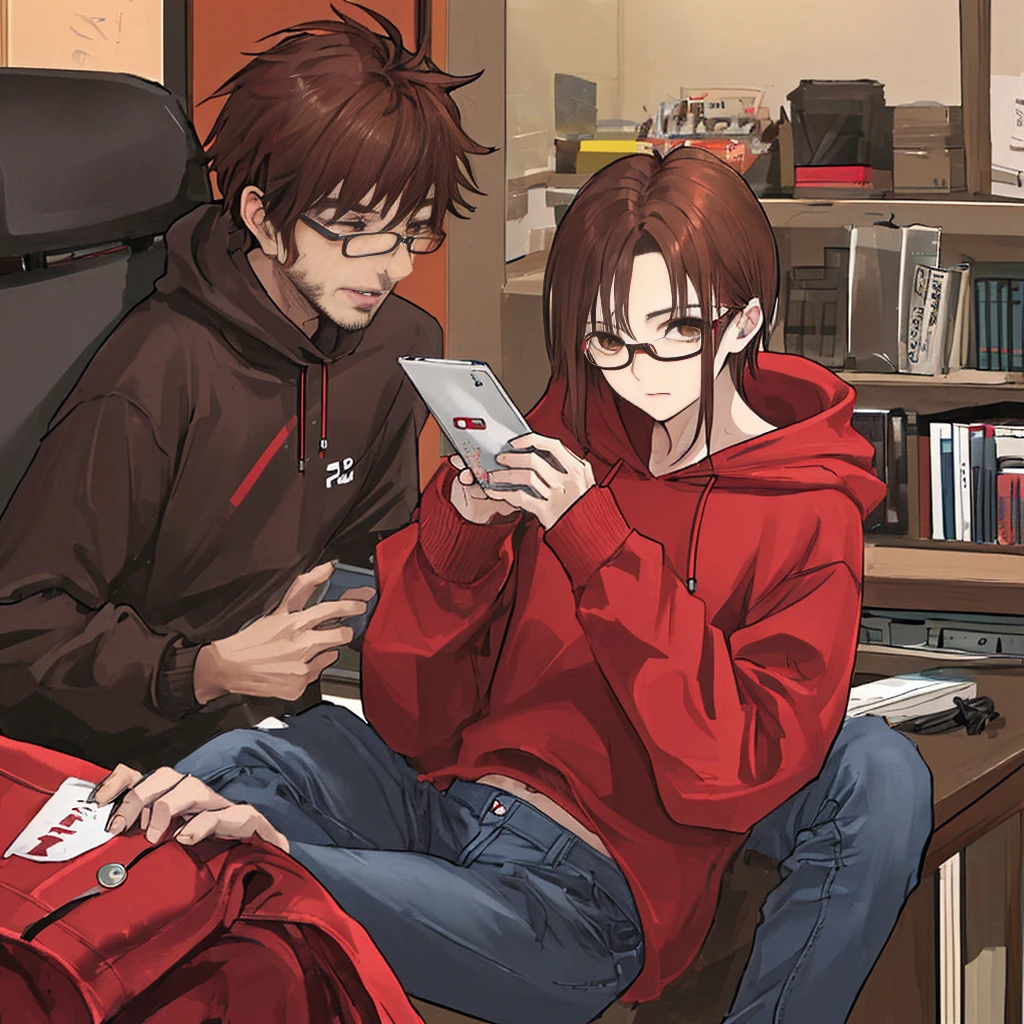 Male with dark brown hair and a stubble, wearing a red hoddie and jeans, wearing glasses.