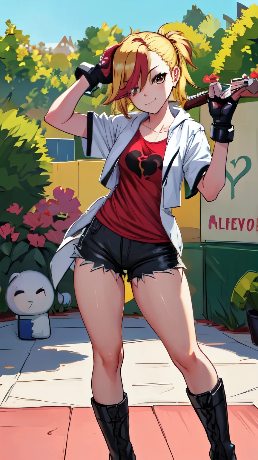 (best quality:1.2),solo,1girl,mdrin,smile,looking at viewer, PLAYING GUITAR ,lovely pose, ponytail,v-shaped eyebrows,red shirt, fingerless gloves,black shorts , garden background, warm color tones,soft lighting, Hair over one eye, ultra long hair, standing on hooftop, long boots, long ponytail, blonde