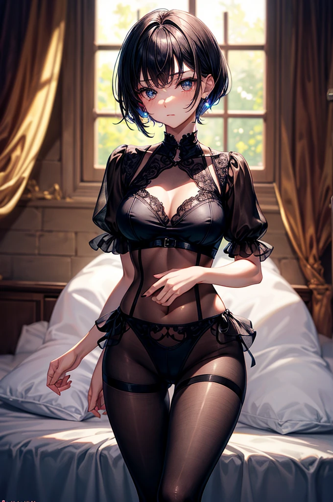 masterpiece, highly detailed, highest quality, high resolution, super precise, (1 girl), plain crop Tee-shirt with heart shaped boob window, plain sheer colored waist high pantyhose,, flawless skin, inky black dark violet hair, pixie cut hairstyle, sharp facial features, young 16 year old ager, sharp facial features, high bridged nose, medium height(178cm), cowboy shot, slender and slim body with ample curves, velvet colored eyes, (no lingerie), (no panties)