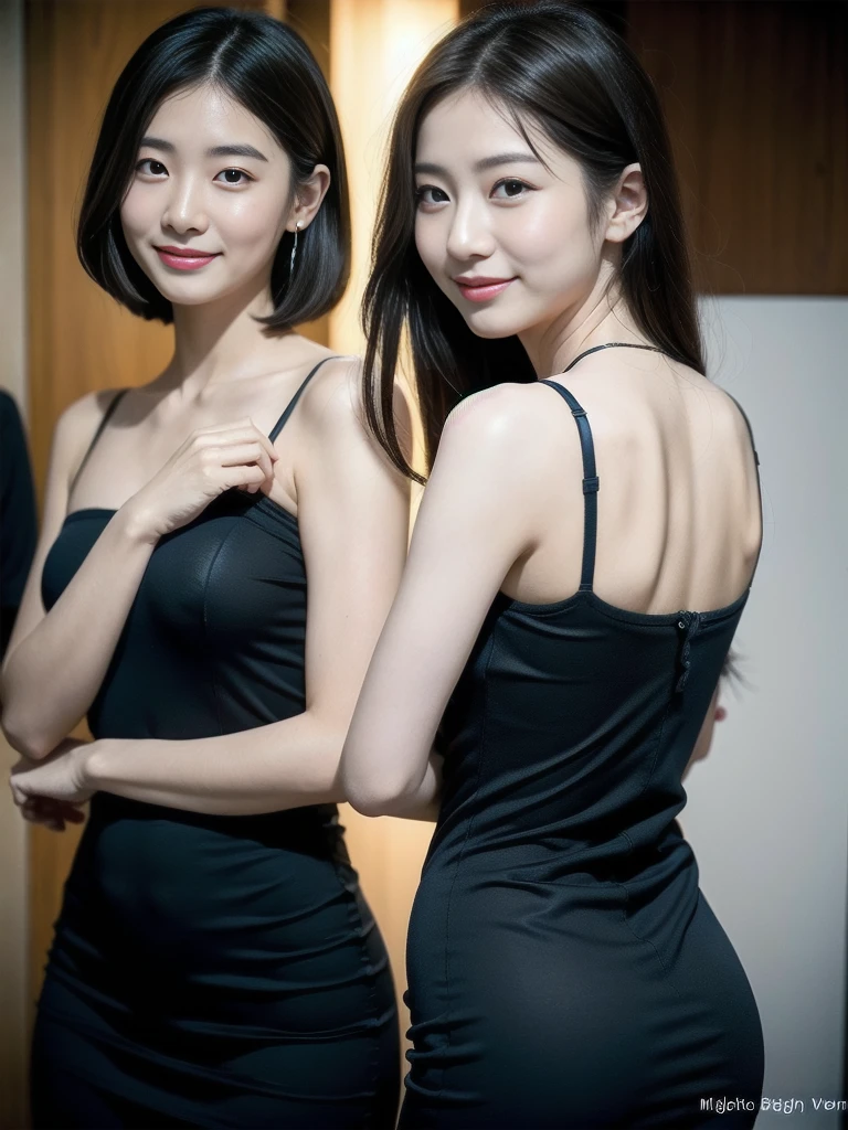 ((Highest quality、masterpiece:1.2、8k、Live Shooting、Portrait、Reality Photos、Beautiful bright dimming、operating room))、(((A bewitching beauty、1 Girl、22 years old、Clear facial features)))、Perfect smooth and slim body、((Black short sleeves、Tight dress))、Looking at the audience、A gentle smile、Pull the camera angle、High resolution、Very detailed、((Whole body image))