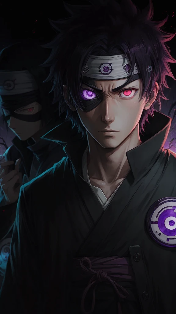 bioluminescent Masashi Kishimoto Manga style portrait of obito uchiha with sharingan and Rinningan, 1 eye red sharingan, other eye purple Rinningan, exquisite detail especially in the eyes.