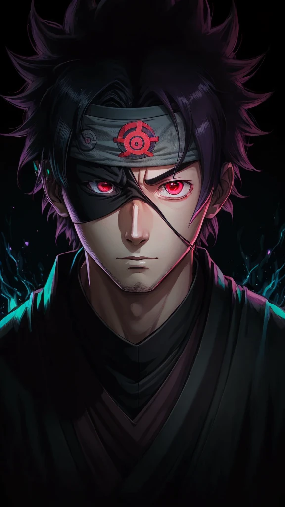 bioluminescent Masashi Kishimoto Manga style portrait of obito uchiha with sharingan and Rinningan, 1 eye red sharingan, other eye purple Rinningan, exquisite detail especially in the eyes.