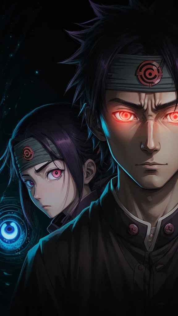 bioluminescent Masashi Kishimoto Manga style portrait of obito uchiha with sharingan and Rinningan, 1 eye red sharingan, other eye purple Rinningan, exquisite detail especially in the eyes.