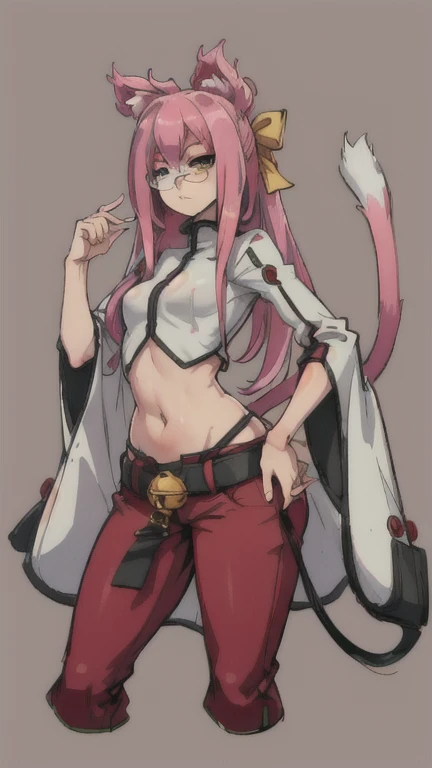 1girl, solo, (masterpiece, greatest artwork of all time, best 4k konachan wallpaper) (kokonoems, kokonoe mercury, kokonoe (blazblue)), (animal ears, cat ears, tail, tails, cat tail, multiple tails, multiple cat tails), pince-nez, navel, (belt, black belt, black belt with a cat bell in the middle), (pants, capri pants, low rise pants, low rise capri pants, red pants, red capri pants, red low rise pants, red low rise capri pants), thong, black thong (petite, small breasts, small , loli), (child rearing hips, child-rearing hips, big hips, wide hips, wide-hipped, thicc thighs, thick thighs), small breasts with big hips, (glasses, half round glasses) (hair, pink hair, long hair, long pink hair)