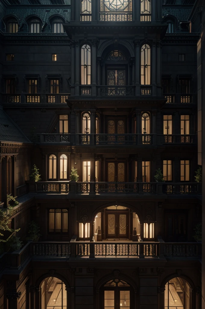 a vast mansion overlooking a sprawling cityscape, detailed architecture, intricate windows and balconies, lush gardens, dramatic lighting, cinematic atmosphere, photorealistic, ultra-detailed, 8k, masterpiece, digital art, concept art, dramatic lighting, moody colors, epic scale