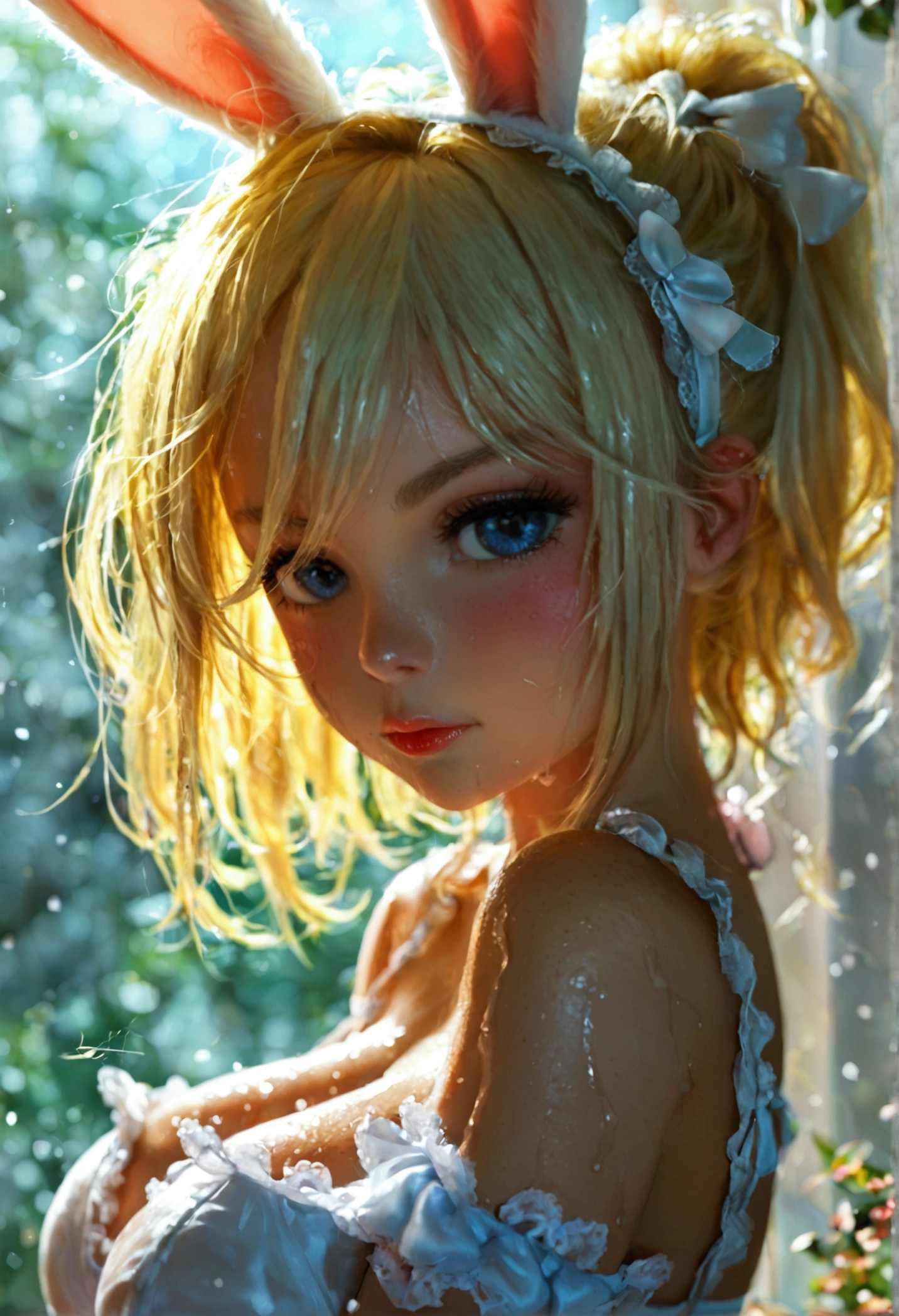 1 blonde short ponytail loli，beautiful eyes(穿Bunny Girl),(pouty),E7E48U，All sweaty，Large Breasts，