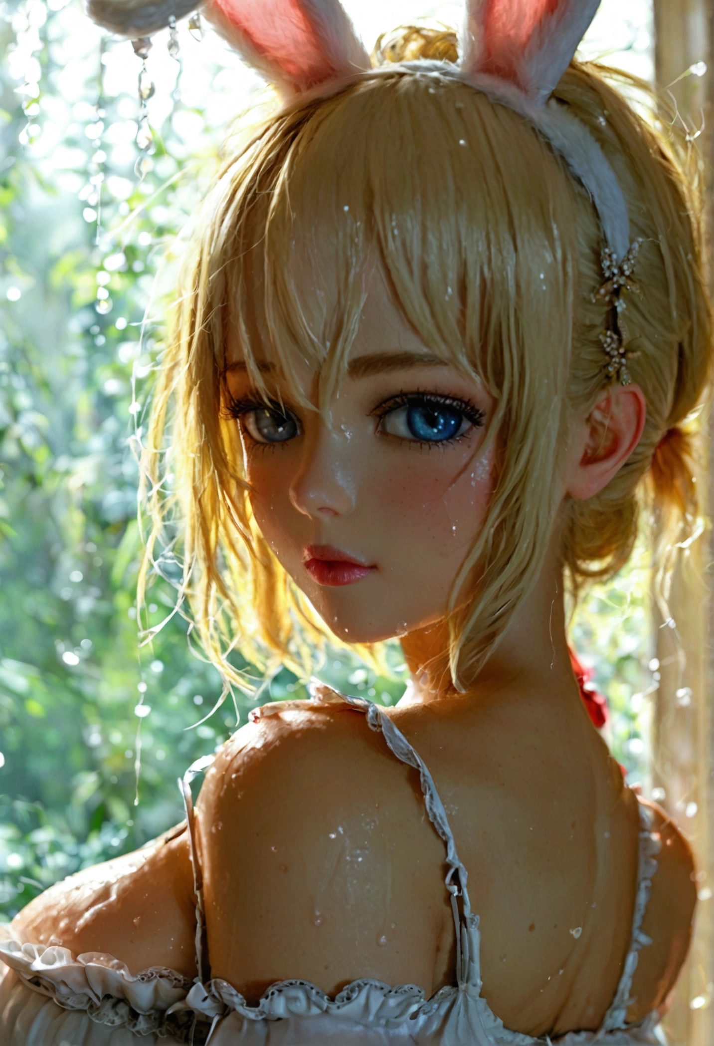 1 blonde short ponytail loli，beautiful eyes(穿Bunny Girl),(pouty),E7E48U，All sweaty，Large Breasts，