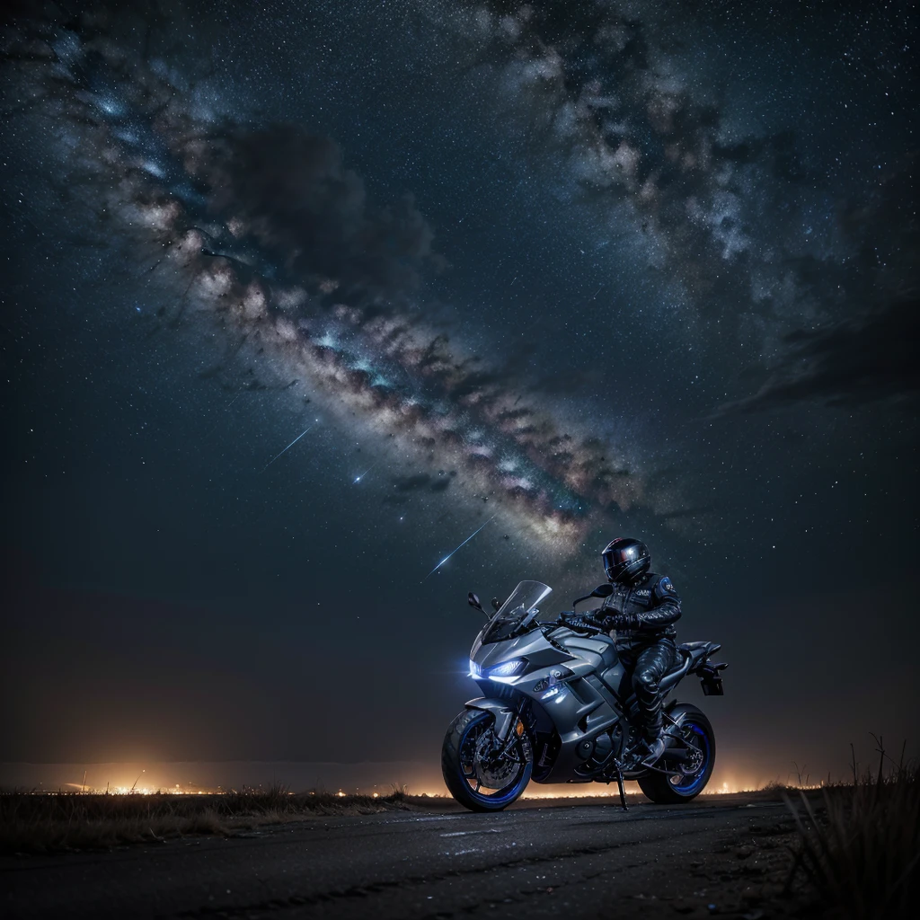 masterpiece quality, Apocalyptic night scene, sky with stars and milky way, man in futuristic biker clothes, focus on Yamaha's Lander 250 motorcycle