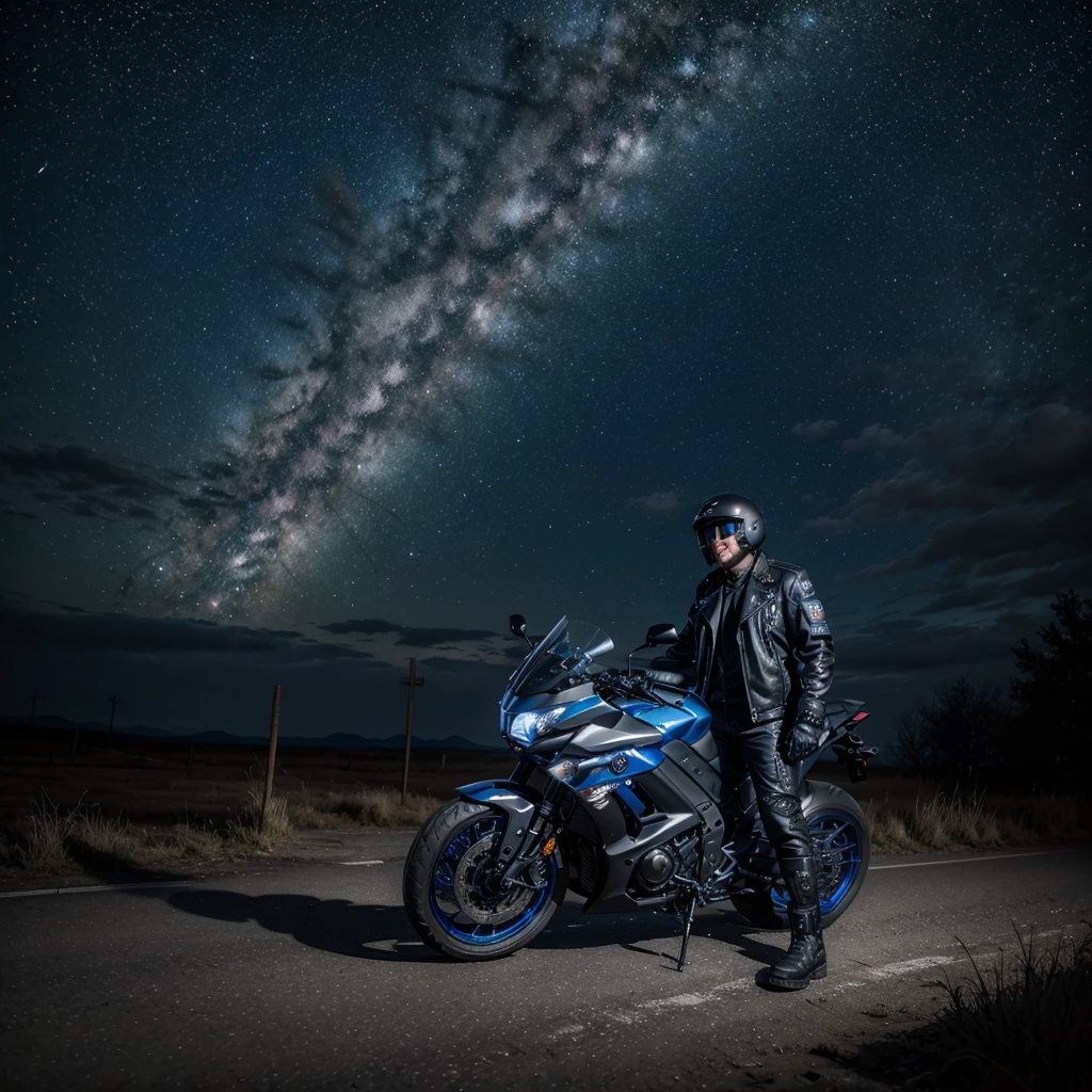 masterpiece quality, Apocalyptic night scene, sky with stars and milky way, man in futuristic biker clothes, focus on Yamaha's Lander 250 motorcycle