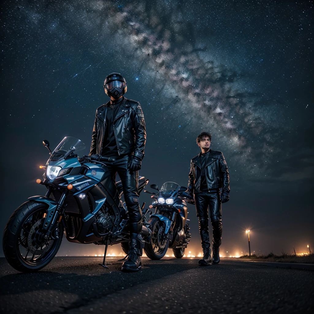 masterpiece quality, Apocalyptic night scene, sky with stars and milky way, man in futuristic biker clothes, focus on Yamaha&#39;s Lander 250 motorcycle