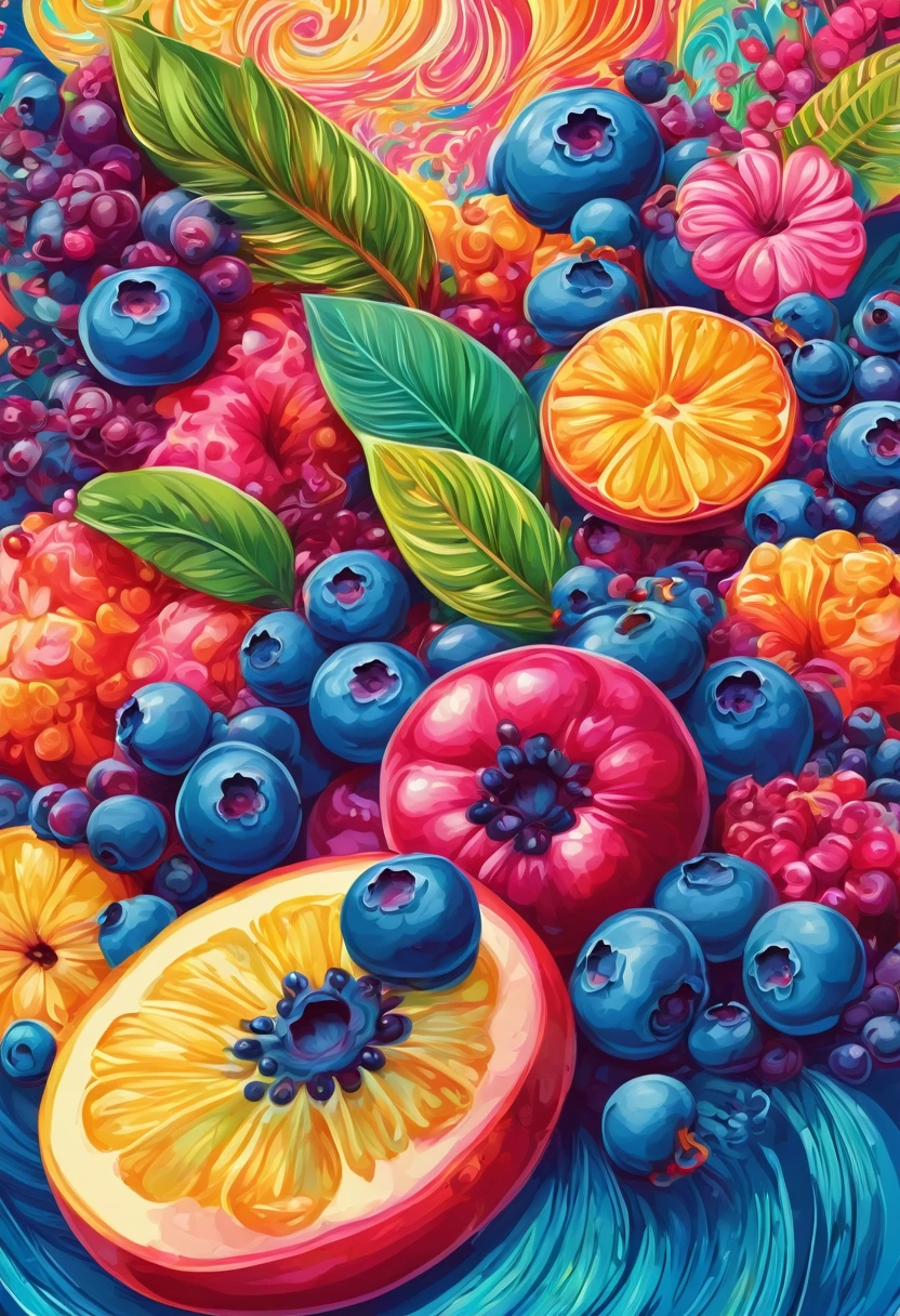 vectorial art, With many colorful blueberry illustrations, At the center, swirly vibrant colors,, high détail,Hawaiian style background
