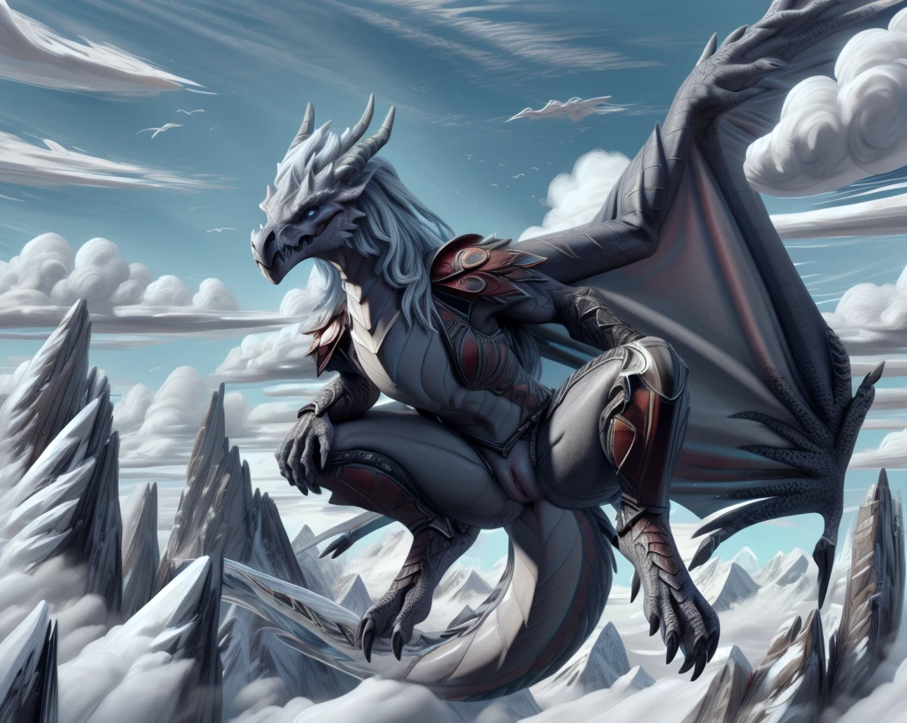 an extremely talented impressionist painting of mature AurothDOTA wyvern flying in mountains, flying over clouds, hung in the air, north background, mountains, masterpiece, best quality, ultra-high-detailed, feral, female, quadripedal, detailed scales, slim body, athletic, curvy, light blue mane, uploaded on e621, nsfw, questionable content, scalie, wings, wyvern, small breats, flat chested, focus on face, angry expression, fury, cloaca, pussy, non-covering armor, steel skimpy armor, leather belts, presenting pussy, above viewer, open hemlet, chest plate